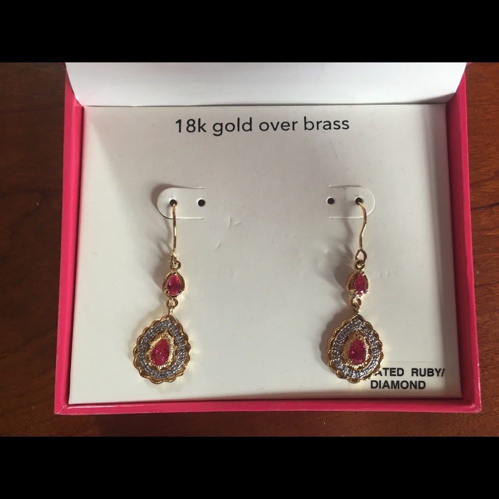 18k Gold Over Brass Created Ruby/Diamond Earrings
